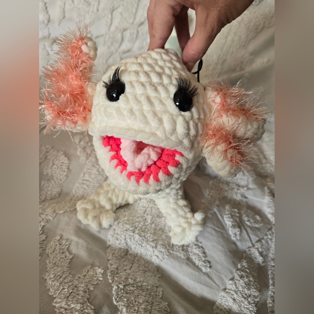 Handmade Crochet White Pink Blue Axolotl Plush Approx 17 In Long - Picture 1 of 11